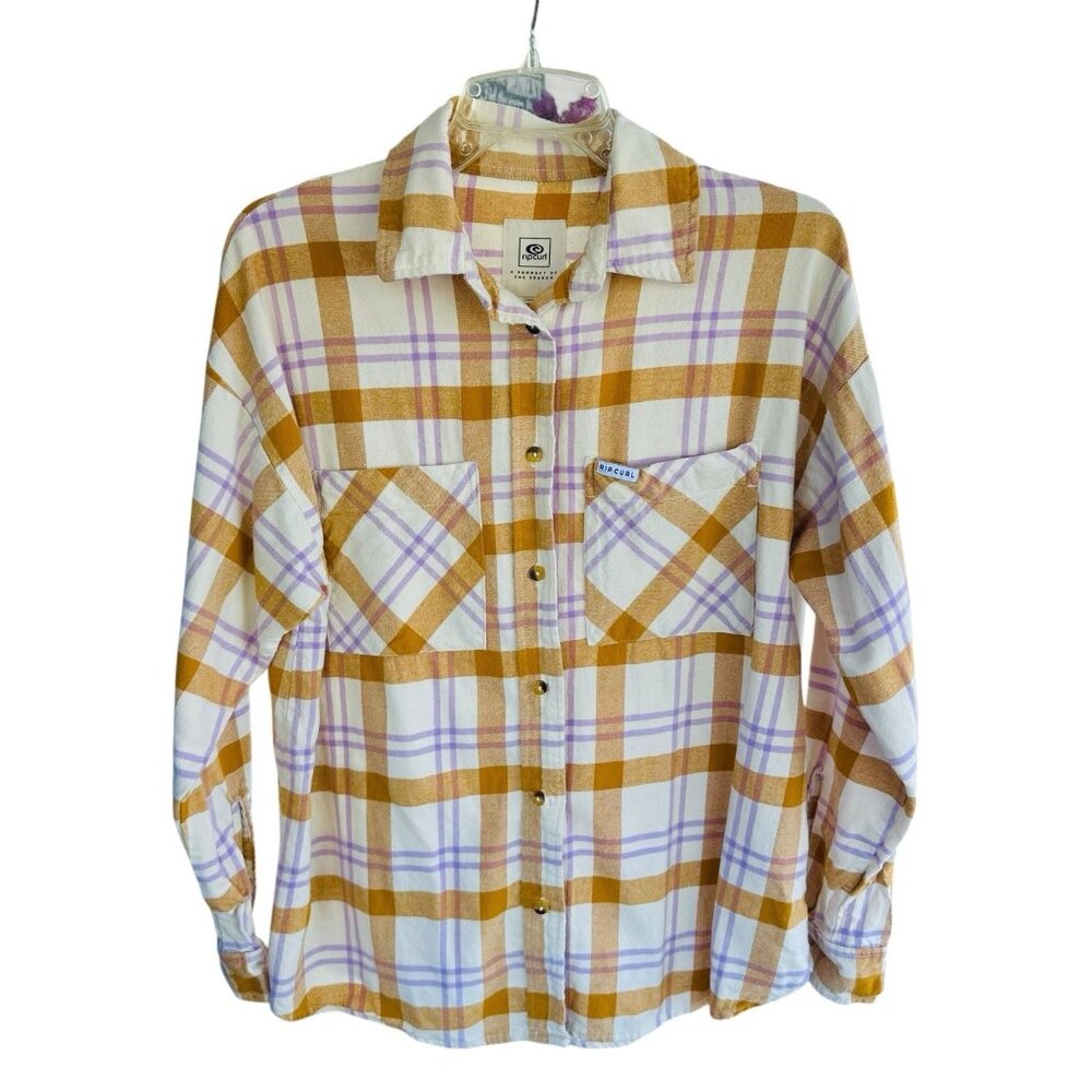 RIP CURL Women Sunday Flannel Shirt Yellow Lilac Cream XS Oversized
